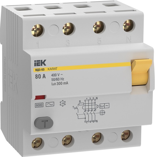 Выключатель дифференциальный (УЗО) KARAT ВД3-63 4P 80А 300мА 6кА тип AC | код MDV20-4-080-300 | IEK